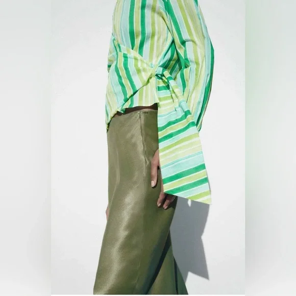 LN Zara stripe print wrap sash belt balloon sleeve top 9878/117 green large L - Picture 2 of 11